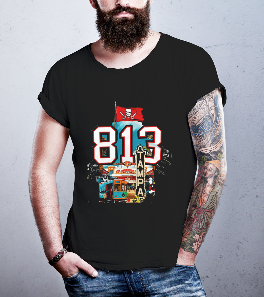Tampa Bay Buccaneers 813 Day Celebration With Pirate Flag And Tampa Landmarks T-Shirt
