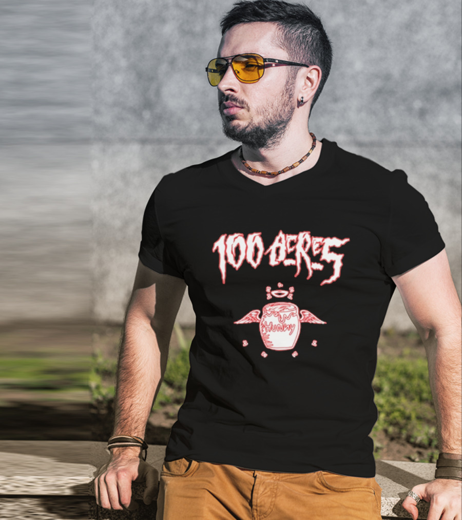 100 Acres Hunny Winged Honey Pot With Dripping Text And Doodles T-Shirt