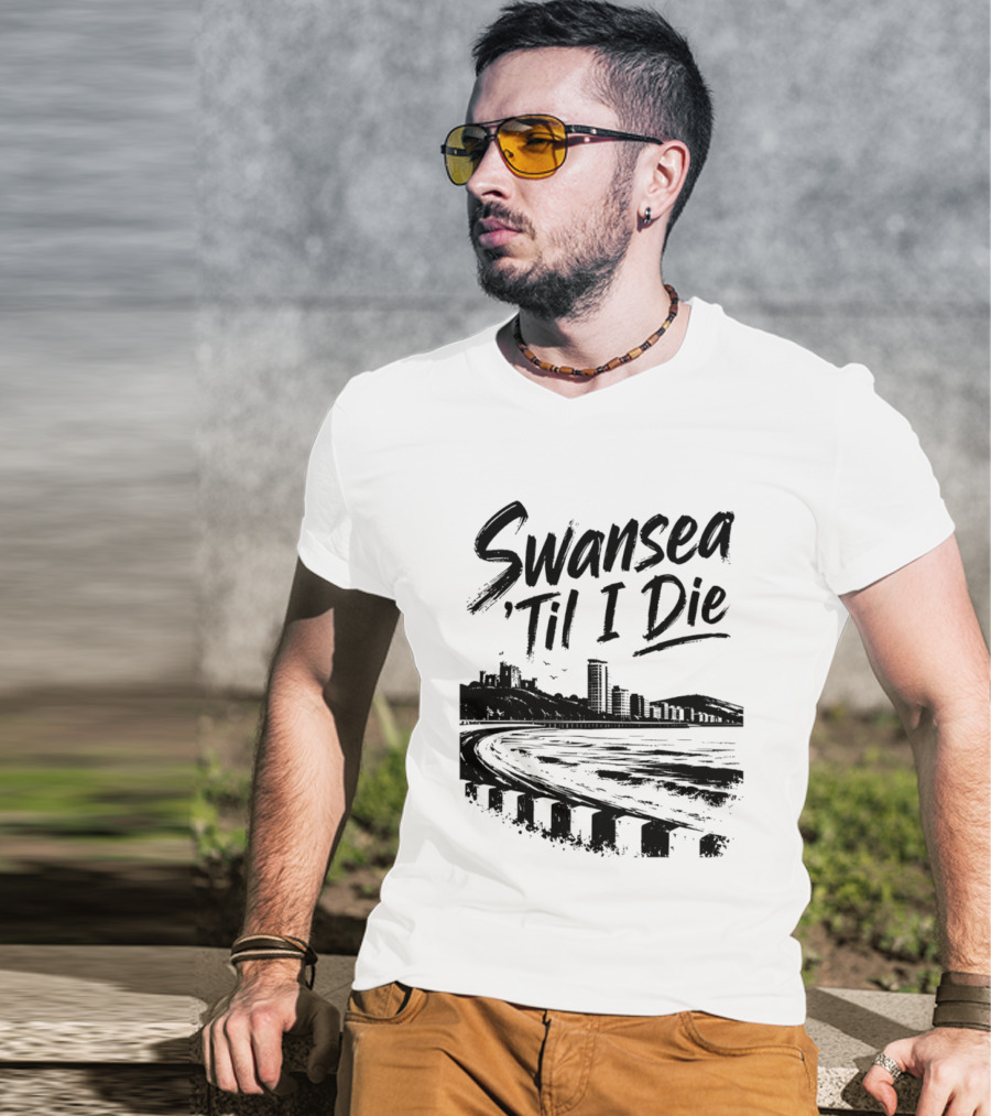 Swansea 'Til I Die Swansea Cityscape Coastal Skyline T-Shirt