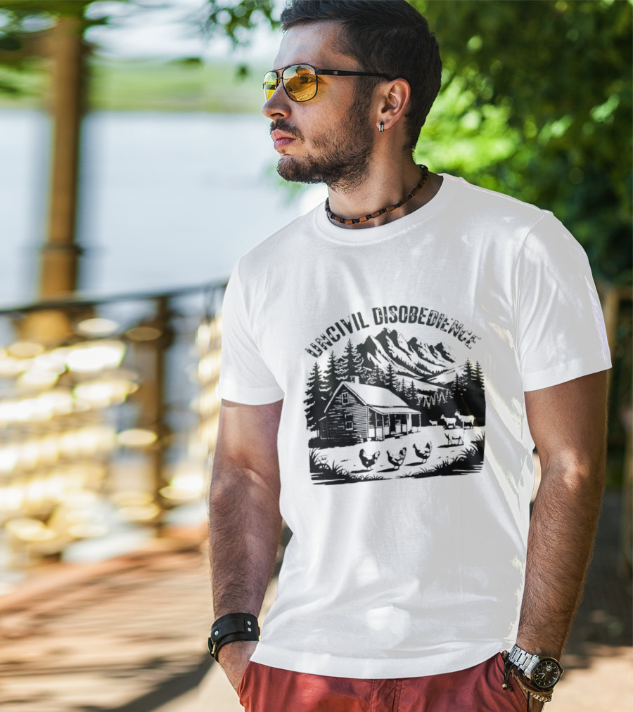 Uncivil Disobedience Distressed Mountain Cabin Homestead With Chickens And Goats T-Shirt