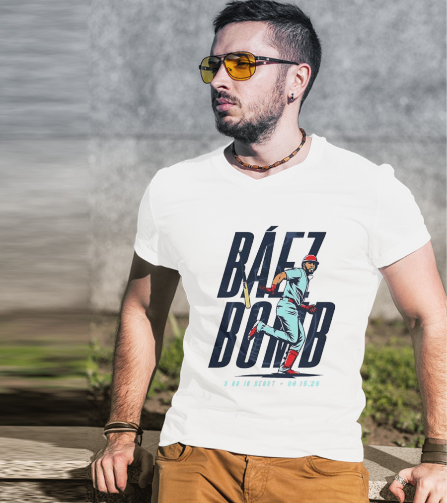 Báez Bomb 3 HR In Debut 08 15 26 Cartoon Baseball Player Running T-Shirt