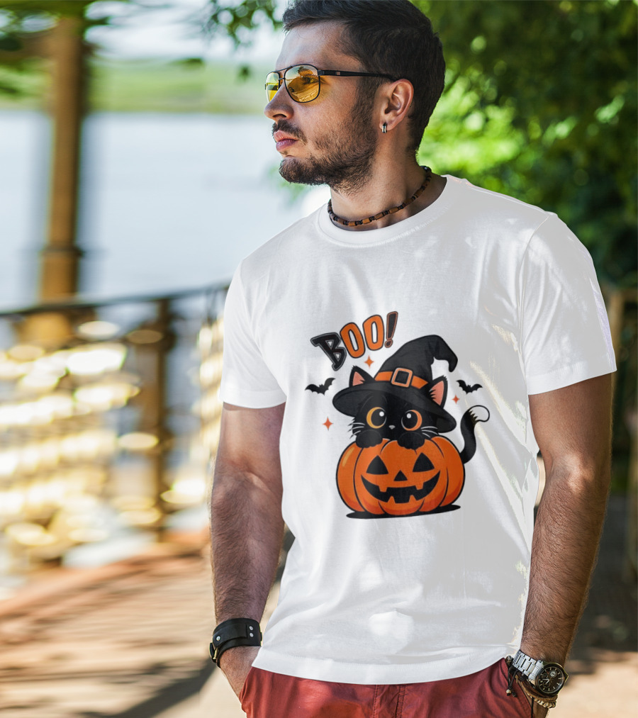 Boo Halloween Black Cat Witch Hat Jack O Lantern Pumpkin T-Shirt