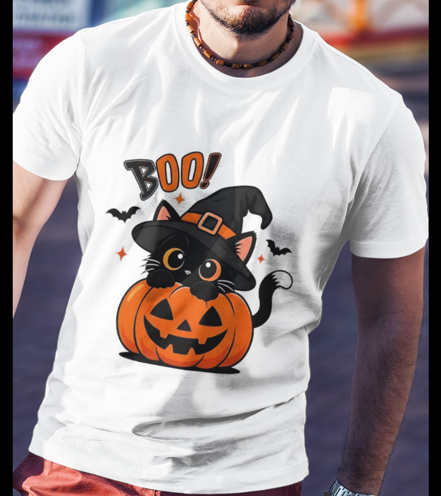 Boo Halloween Black Cat Witch Hat Jack O Lantern Pumpkin T-Shirt
