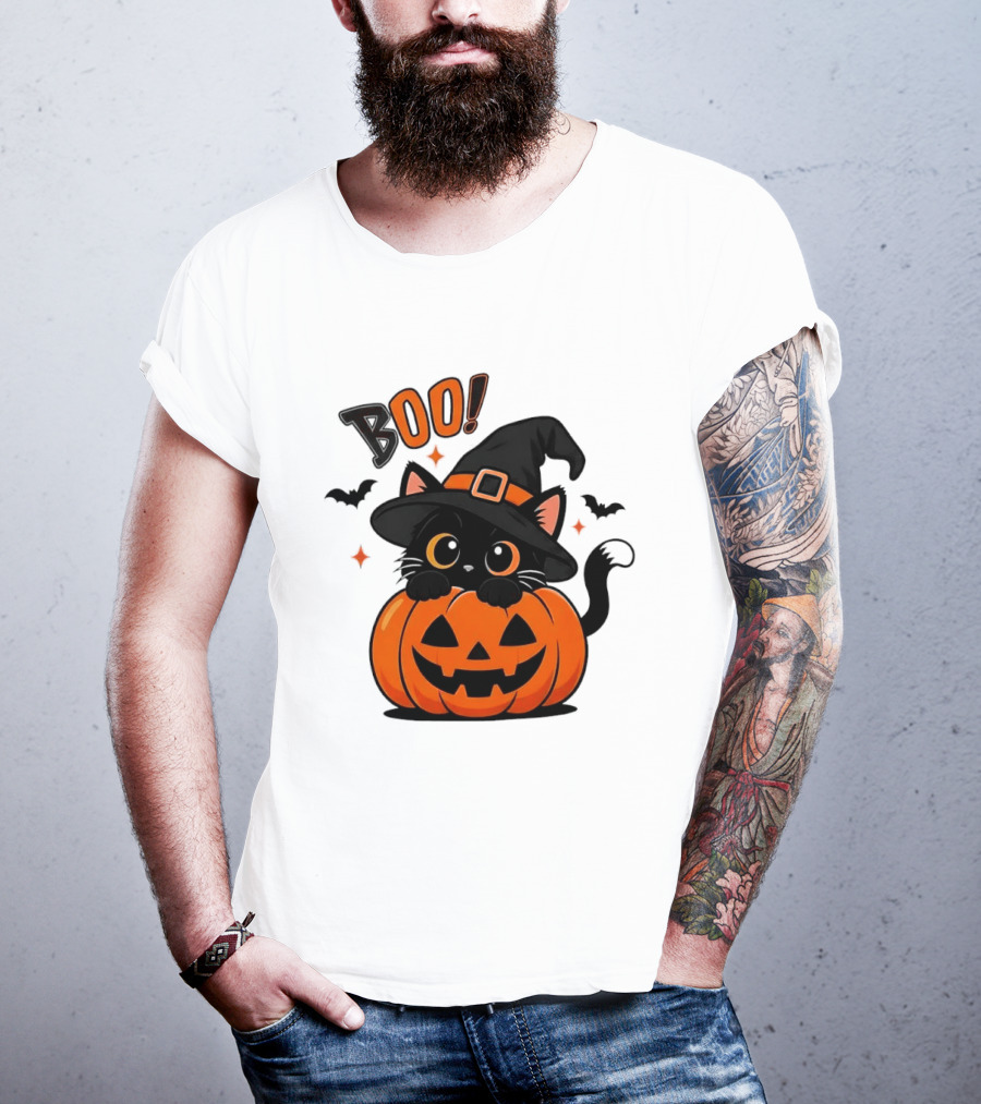 Boo Halloween Black Cat Witch Hat Jack O Lantern Pumpkin T-Shirt