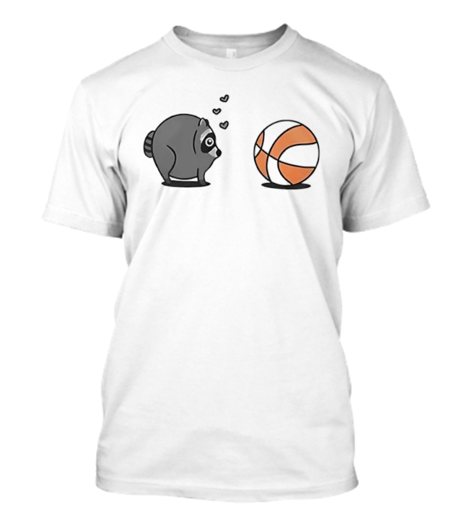 Chubby Cartoon Raccoon Admiring Basketball With Pink Hearts T-Shirt