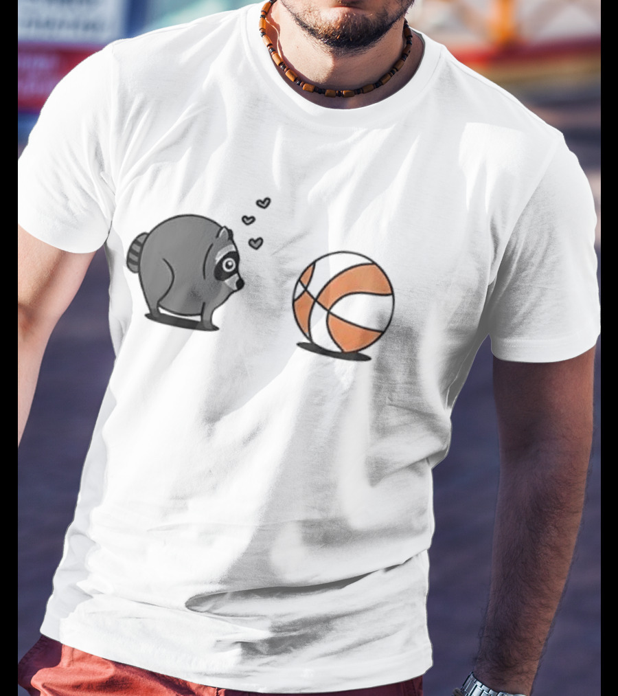 Chubby Cartoon Raccoon Admiring Basketball With Pink Hearts T-Shirt