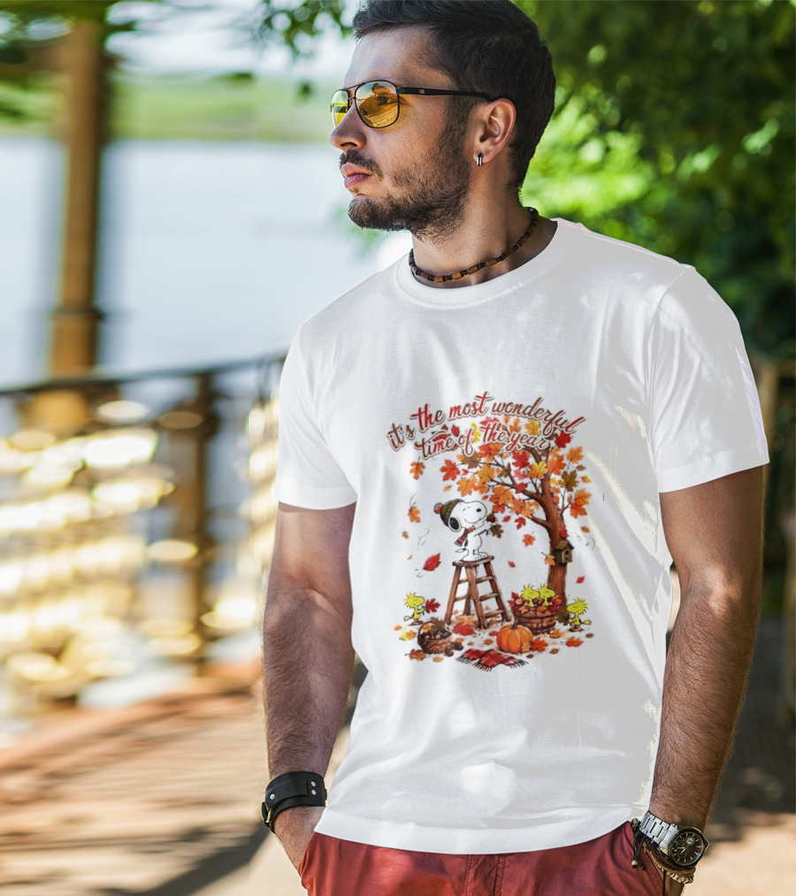 Snoopy It's The Most Wonderful Time Of The Year Autumn Tree Pumpkin Woodstock T-Shirt