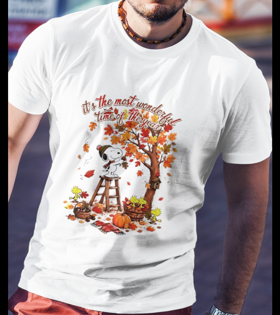 Snoopy It's The Most Wonderful Time Of The Year Autumn Tree Pumpkin Woodstock T-Shirt