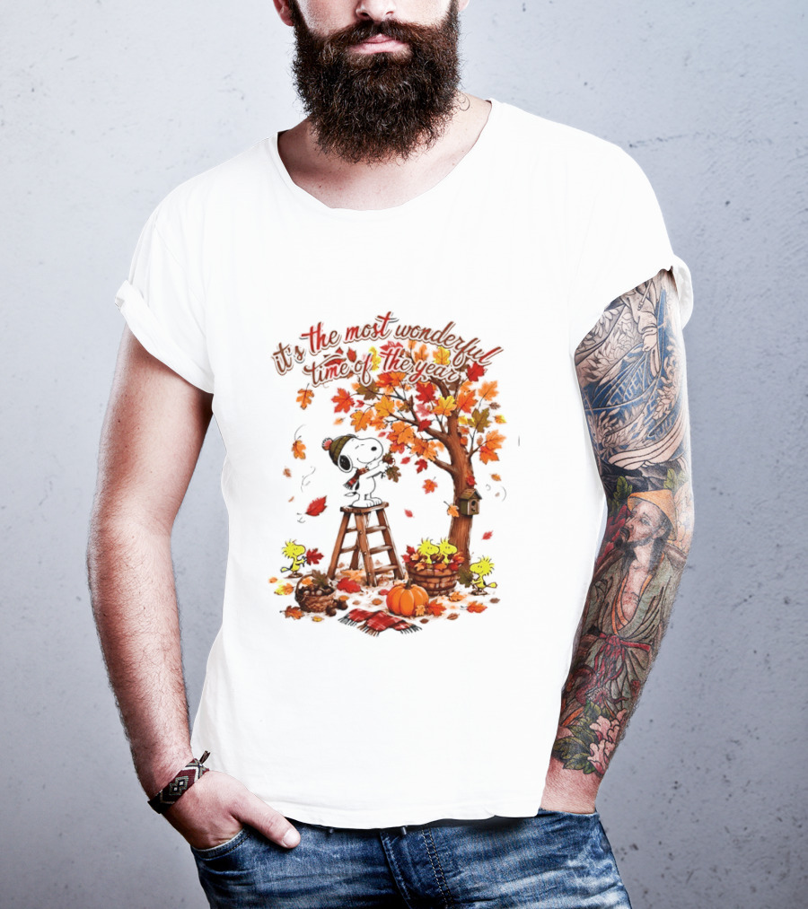 Snoopy It's The Most Wonderful Time Of The Year Autumn Tree Pumpkin Woodstock T-Shirt