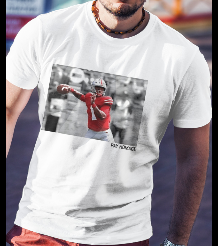 Ohio State Buckeyes NCAA Pay Homage Quarterback Throwing Football Selective Color Photo T-Shirt