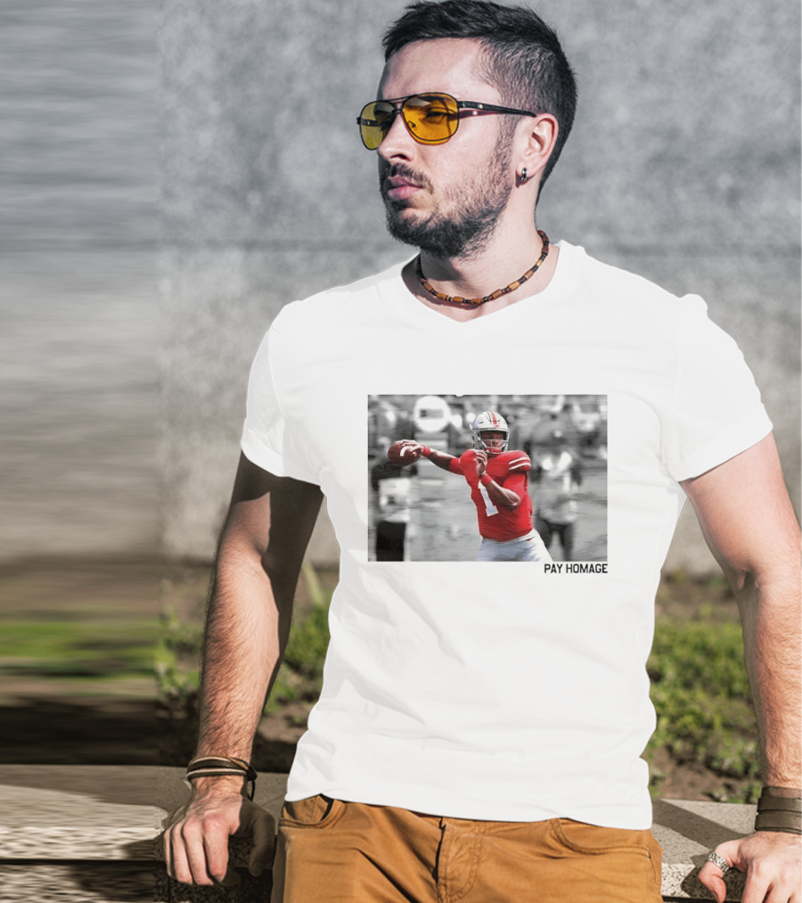 Ohio State Buckeyes NCAA Pay Homage Quarterback Throwing Football Selective Color Photo T-Shirt