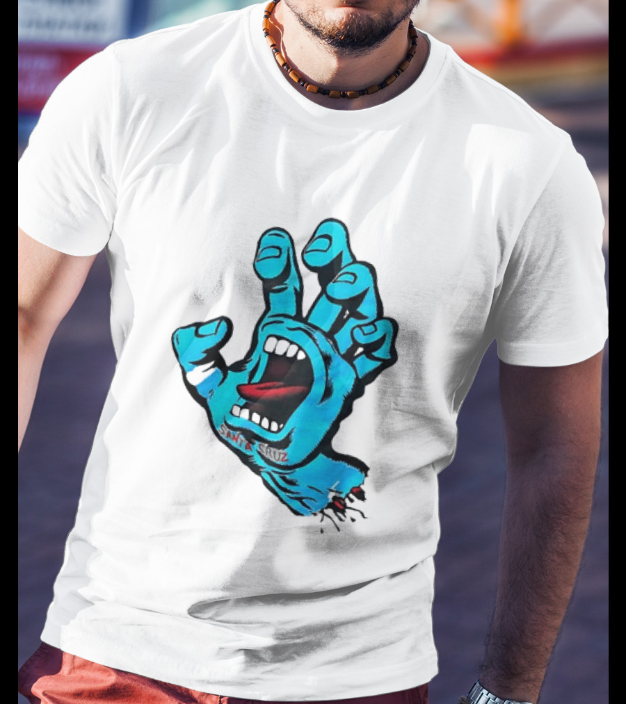 Santa Cruz Blue Screaming Hand Open Mouth Tongue Cartoon T-Shirt