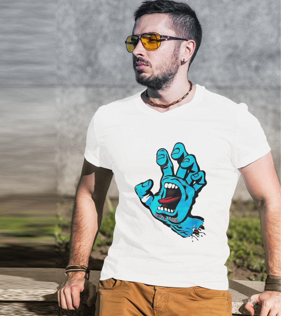 Santa Cruz Blue Screaming Hand Open Mouth Tongue Cartoon T-Shirt