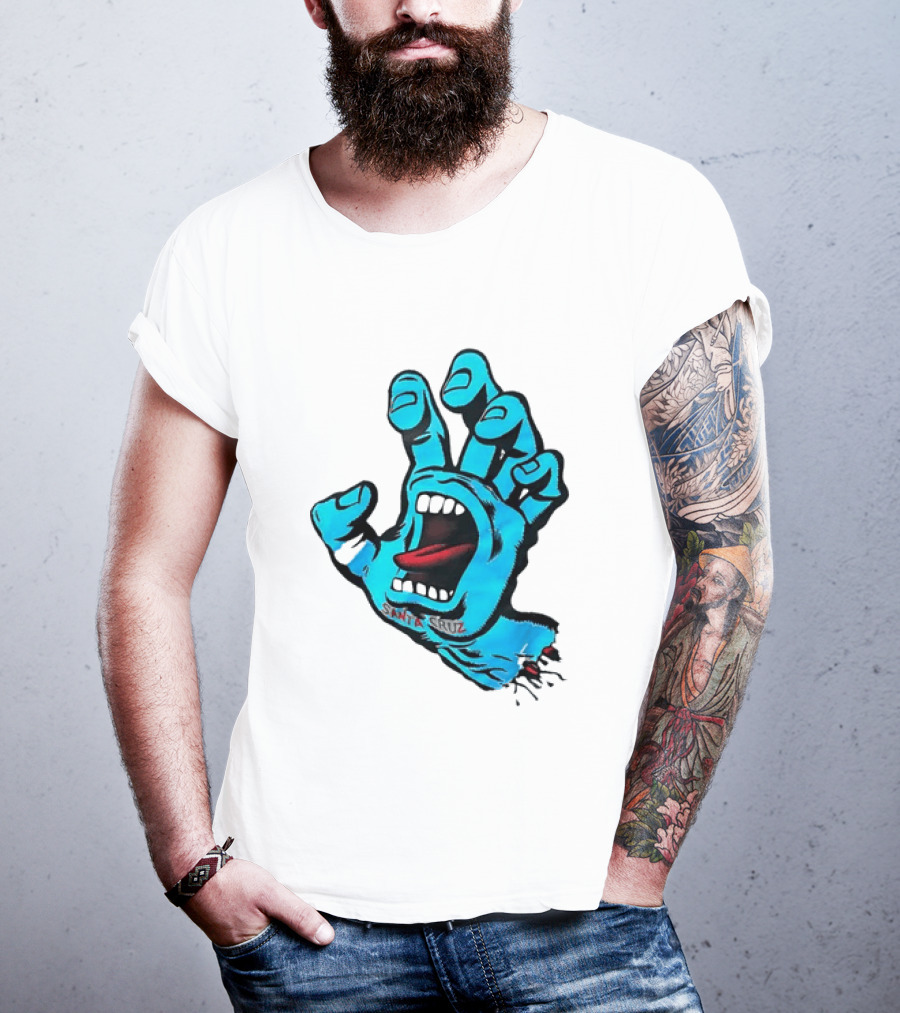 Santa Cruz Blue Screaming Hand Open Mouth Tongue Cartoon T-Shirt