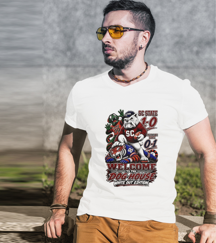South Carolina State Bulldogs 1 0 Welcome To The Dog House White Out Edition Cartoon Tackling Tiger Savannah State 0 1 FAMU 00 T-Shirt