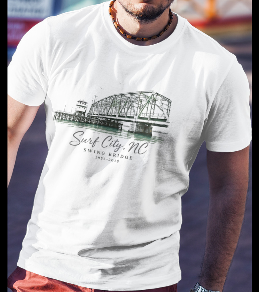 Surf City NC Swing Bridge 1955 2018 Water Birds Coastal Pier Green Watercolor T-Shirt