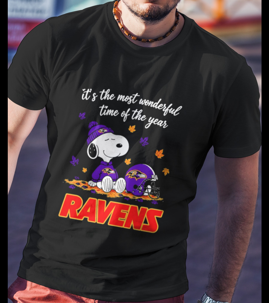 Baltimore Ravens It's The Most Wonderful Time Of Year Snoopy Sitting Leaves Football Helmet T-Shirt