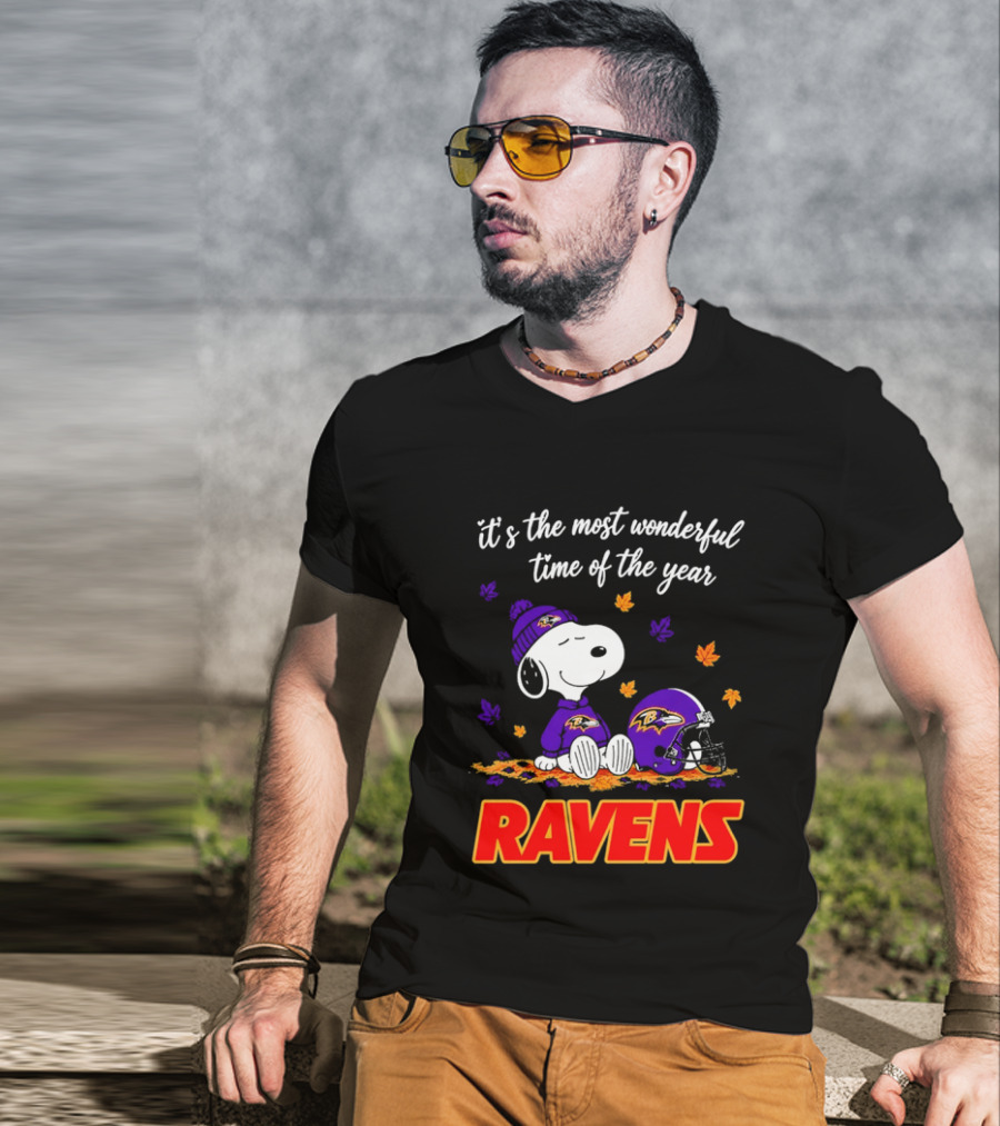 Baltimore Ravens It's The Most Wonderful Time Of Year Snoopy Sitting Leaves Football Helmet T-Shirt