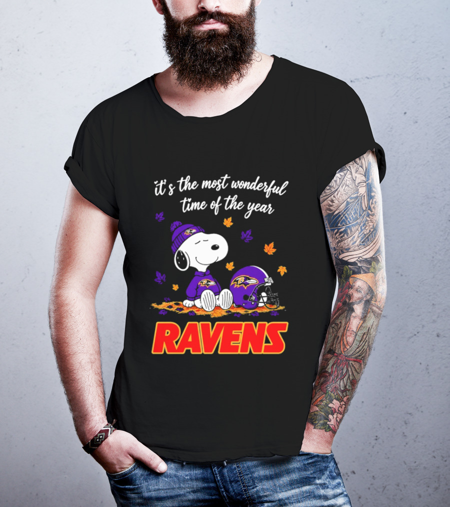 Baltimore Ravens It's The Most Wonderful Time Of Year Snoopy Sitting Leaves Football Helmet T-Shirt