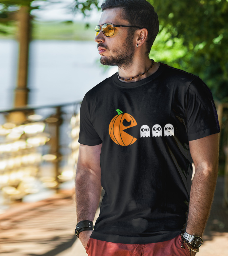 Halloween Pumpkin Pac Man Chasing White Ghosts Distressed Cartoon T-Shirt