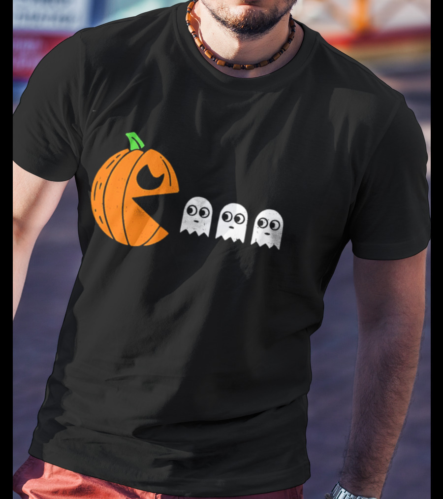 Halloween Pumpkin Pac Man Chasing White Ghosts Distressed Cartoon T-Shirt