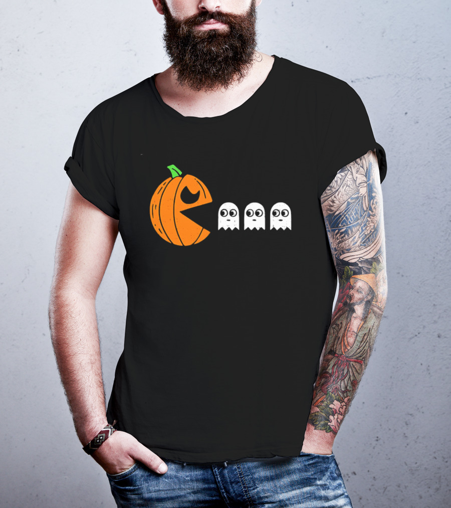 Halloween Pumpkin Pac Man Chasing White Ghosts Distressed Cartoon T-Shirt