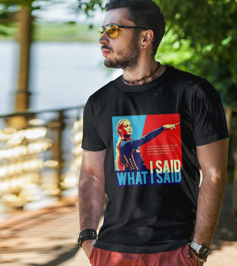 I Said What Blonde Female Athlete Pointing Red Blue Stylized Truth Honesty Protecting Young Girls In Sport T-Shirt