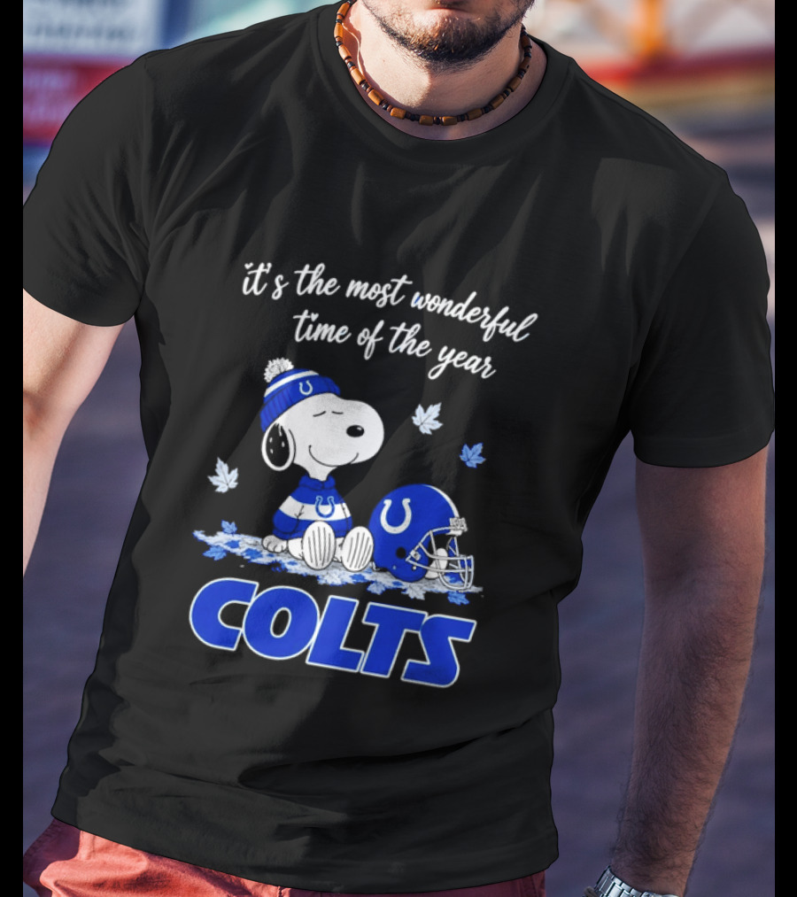 Indianapolis Colts Snoopy Beanie Helmet Leaves It's The Most Wonderful Time Of The Year T-Shirt