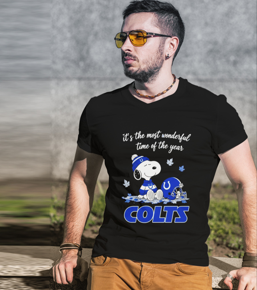 Indianapolis Colts Snoopy Beanie Helmet Leaves It's The Most Wonderful Time Of The Year T-Shirt