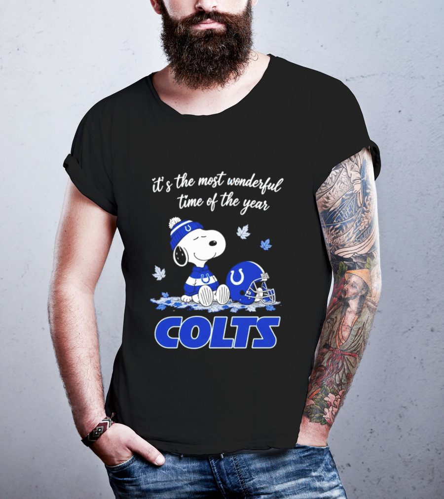 Indianapolis Colts Snoopy Beanie Helmet Leaves It's The Most Wonderful Time Of The Year T-Shirt