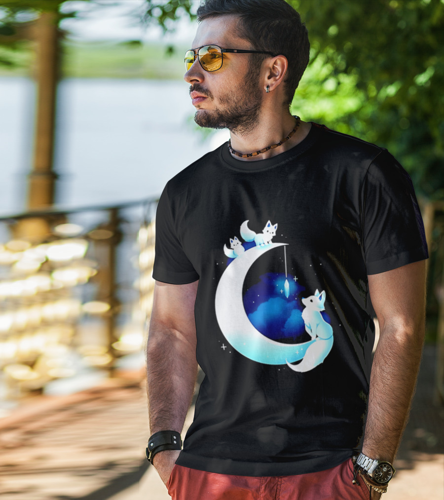 Glowing White Arctic Foxes Crescent Moon Crystal Night Sky T-Shirt