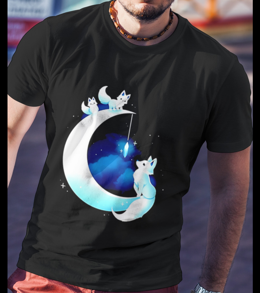 Glowing White Arctic Foxes Crescent Moon Crystal Night Sky T-Shirt