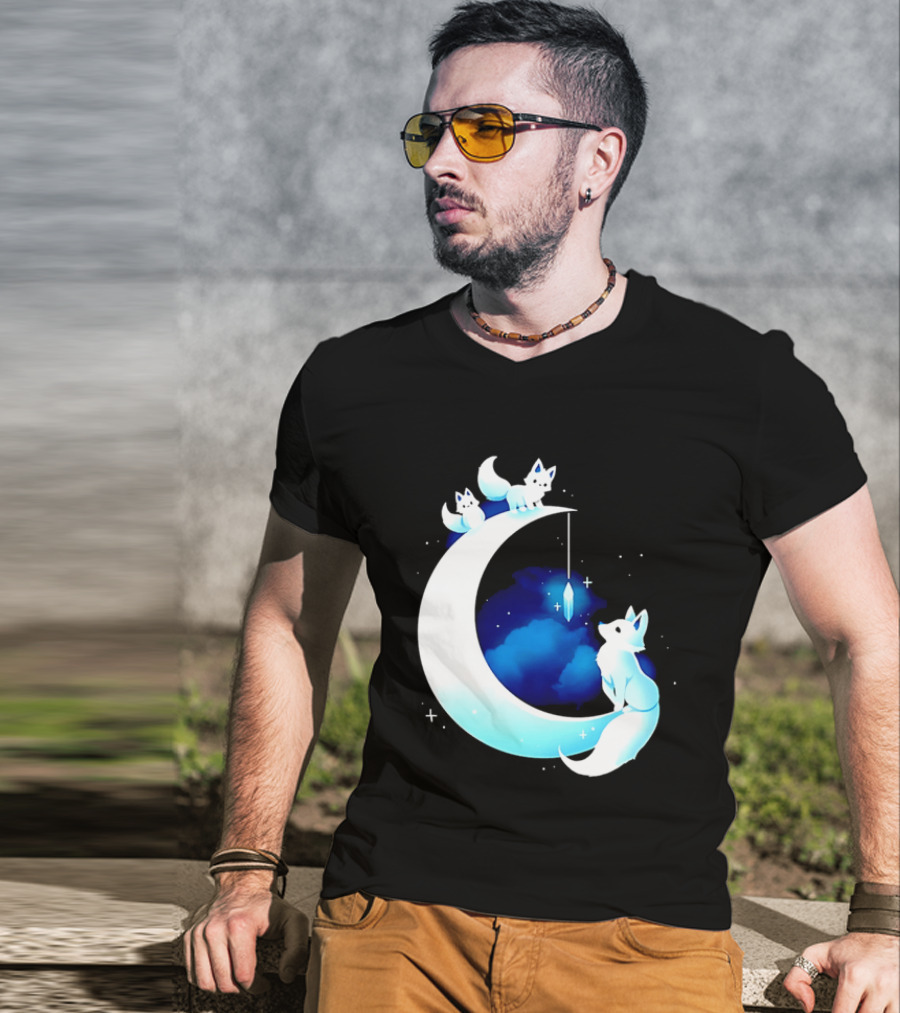 Glowing White Arctic Foxes Crescent Moon Crystal Night Sky T-Shirt