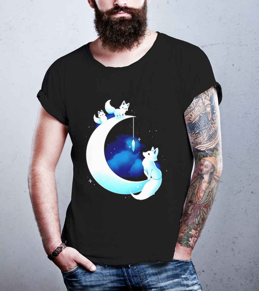 Glowing White Arctic Foxes Crescent Moon Crystal Night Sky T-Shirt