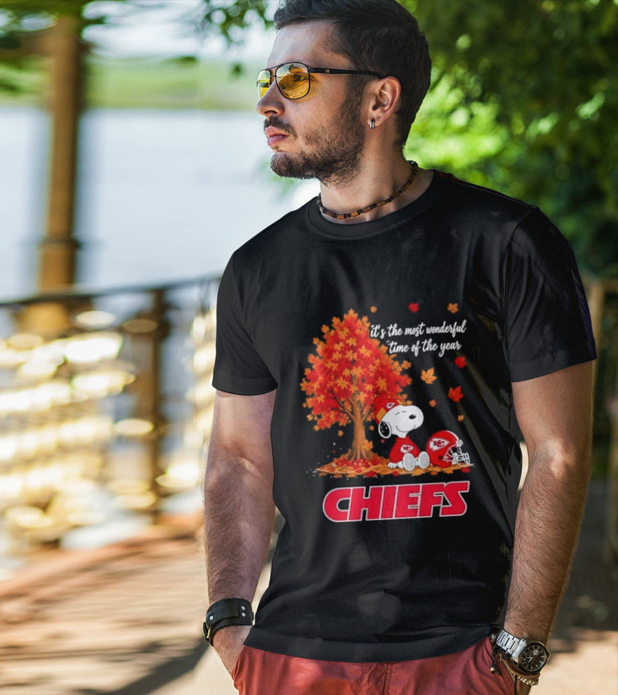 Kansas City Chiefs Snoopy Autumn Tree Football Helmet Most Wonderful Time Of The Year T-Shirt