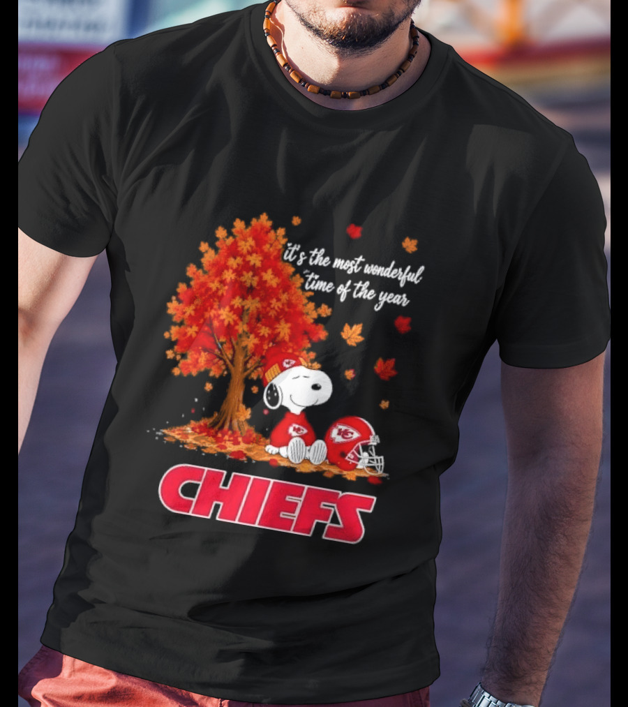 Kansas City Chiefs Snoopy Autumn Tree Football Helmet Most Wonderful Time Of The Year T-Shirt