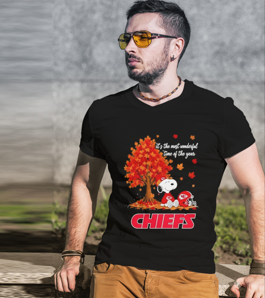 Kansas City Chiefs Snoopy Autumn Tree Football Helmet Most Wonderful Time Of The Year T-Shirt