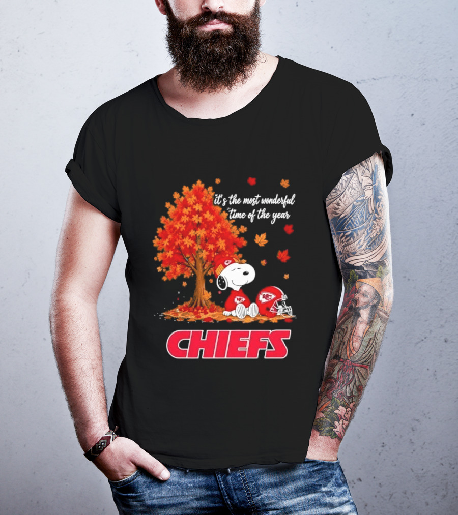 Kansas City Chiefs Snoopy Autumn Tree Football Helmet Most Wonderful Time Of The Year T-Shirt