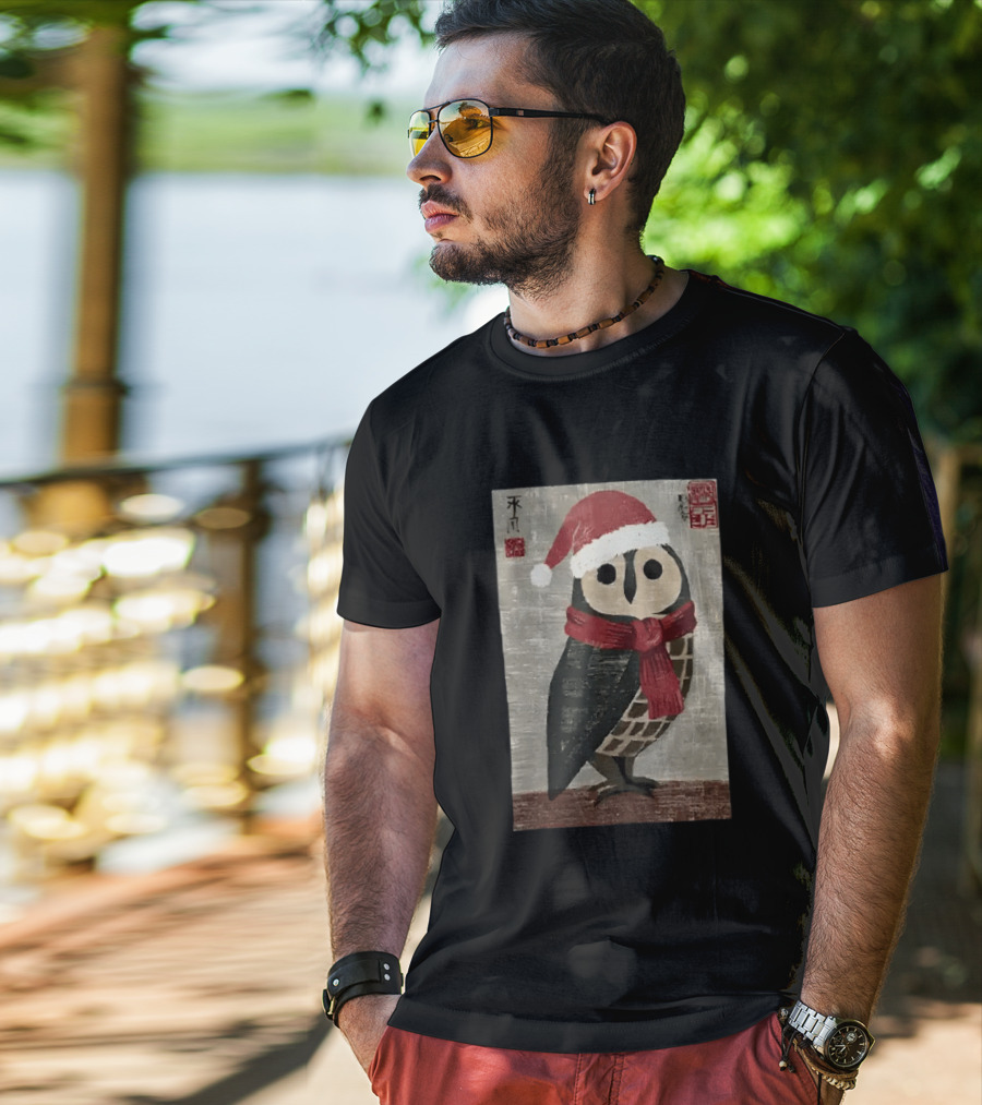 Owl With Red Santa Hat And Scarf Japanese Calligraphy T-Shirt