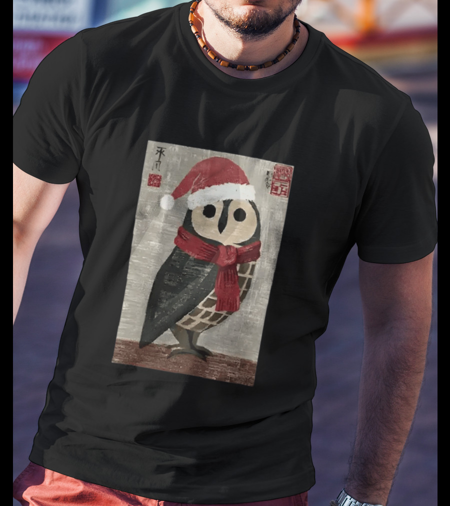 Owl With Red Santa Hat And Scarf Japanese Calligraphy T-Shirt