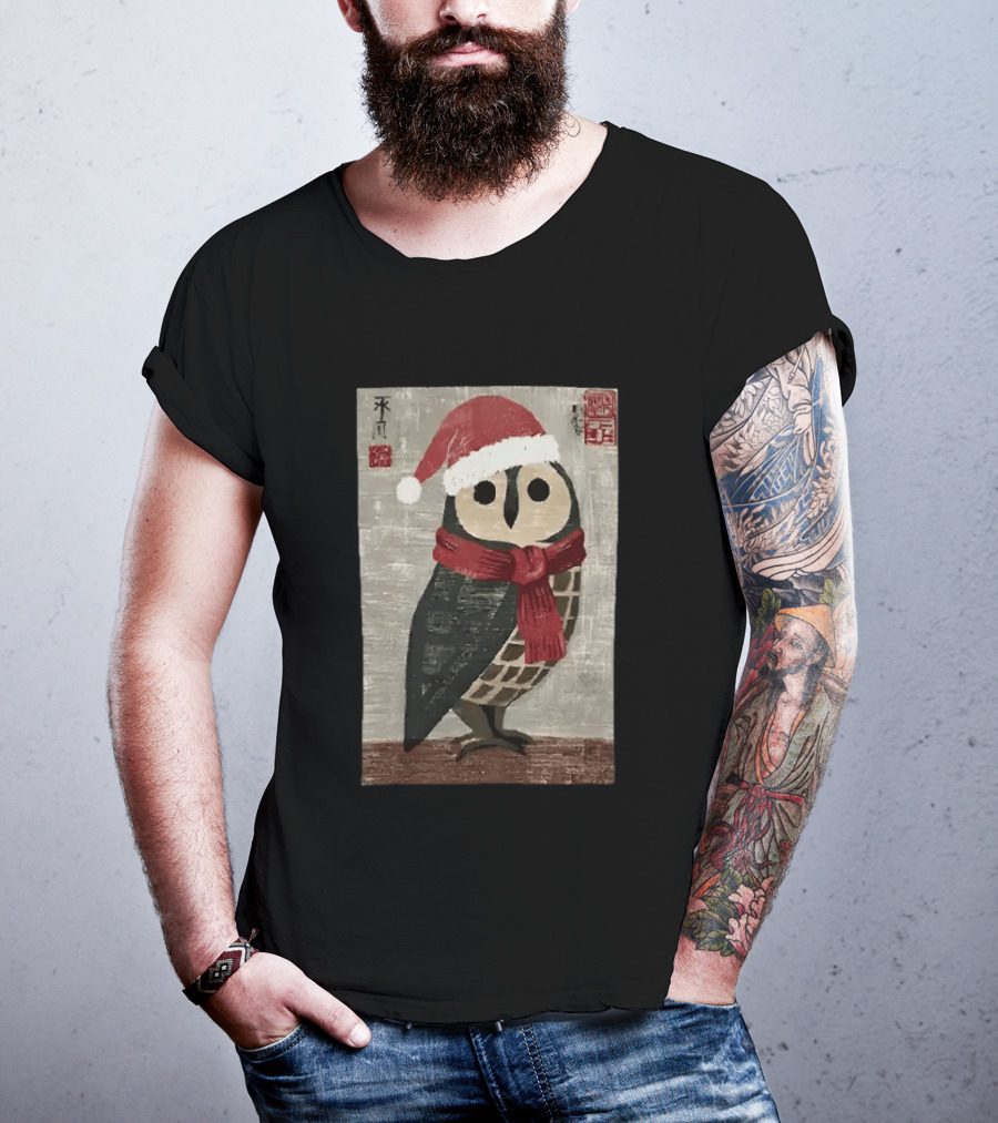 Owl With Red Santa Hat And Scarf Japanese Calligraphy T-Shirt
