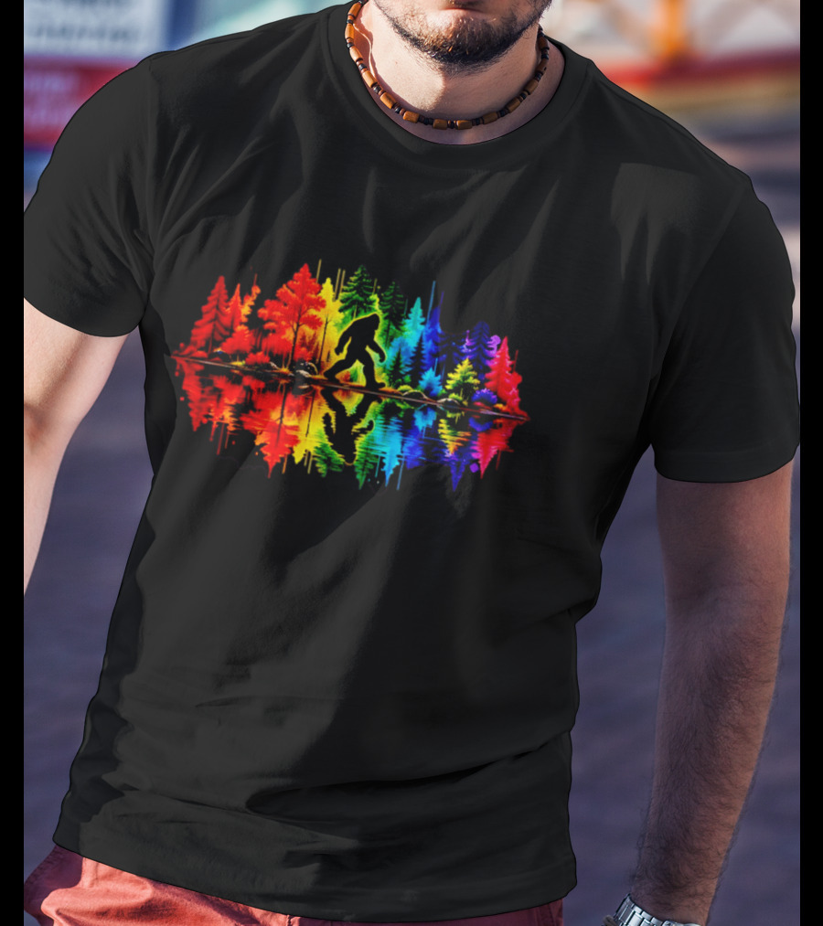 Rainbow Bigfoot Forest Reflection T-Shirt