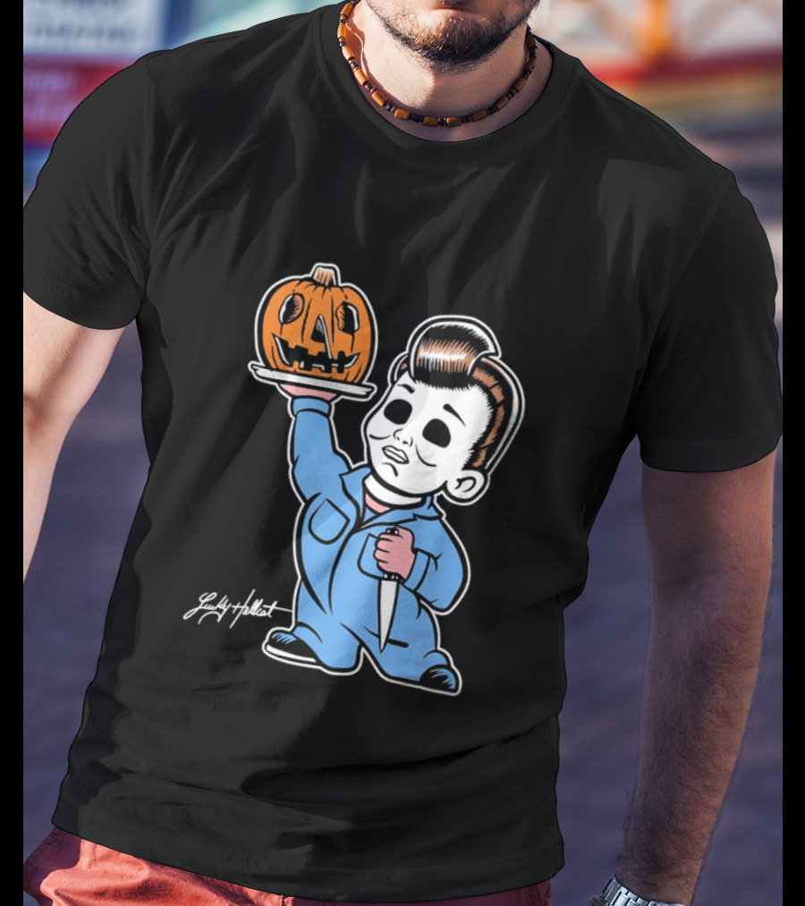 Lucky Hellcat Michael Myers Cartoon Pumpkin Knife Caricature T-Shirt