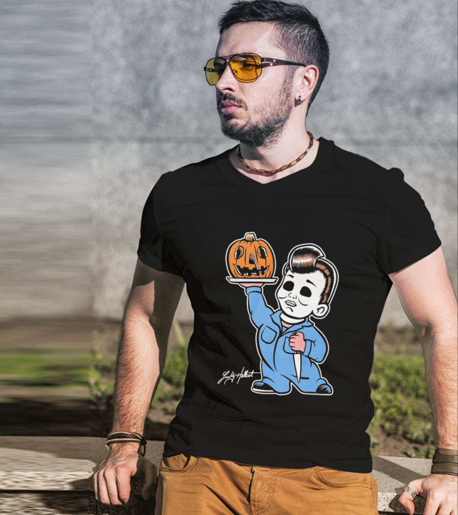 Lucky Hellcat Michael Myers Cartoon Pumpkin Knife Caricature T-Shirt