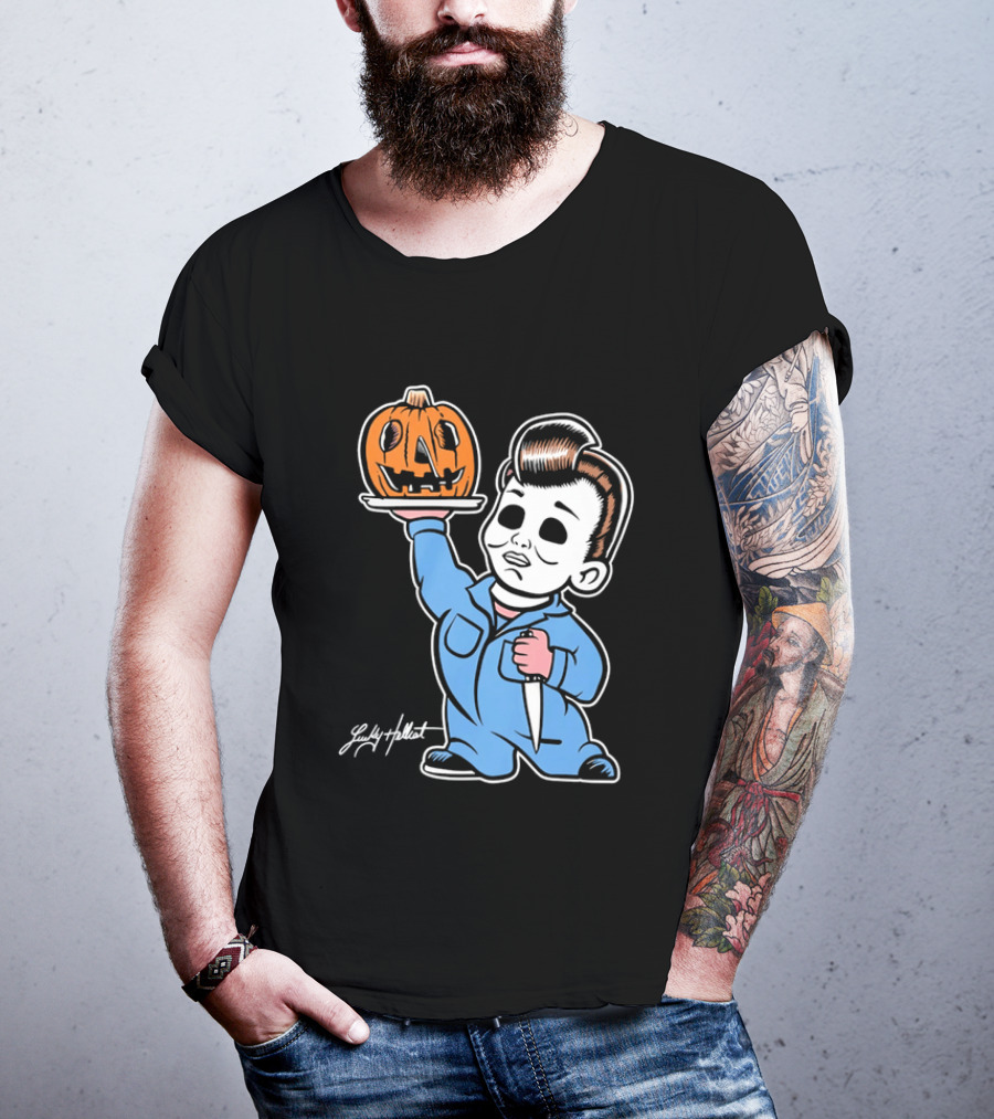 Lucky Hellcat Michael Myers Cartoon Pumpkin Knife Caricature T-Shirt
