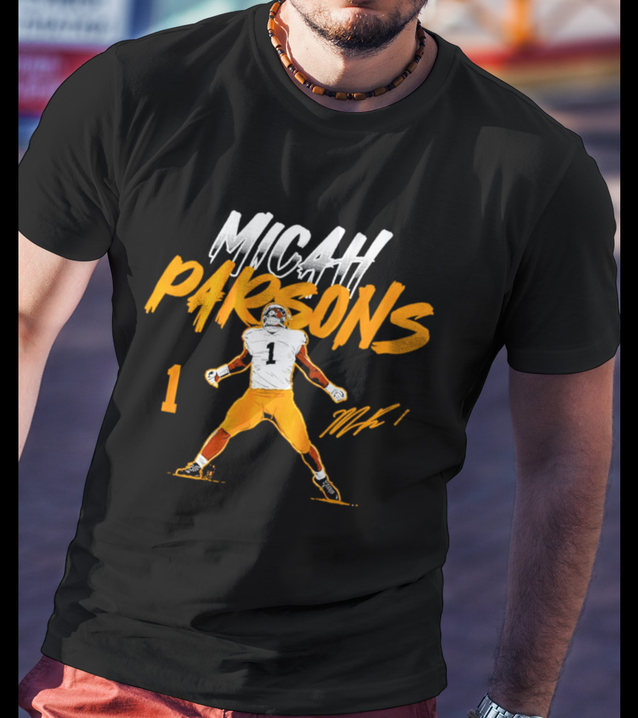 Micah Parsons 1 Pose With Name And Number In White And Orange T-Shirt