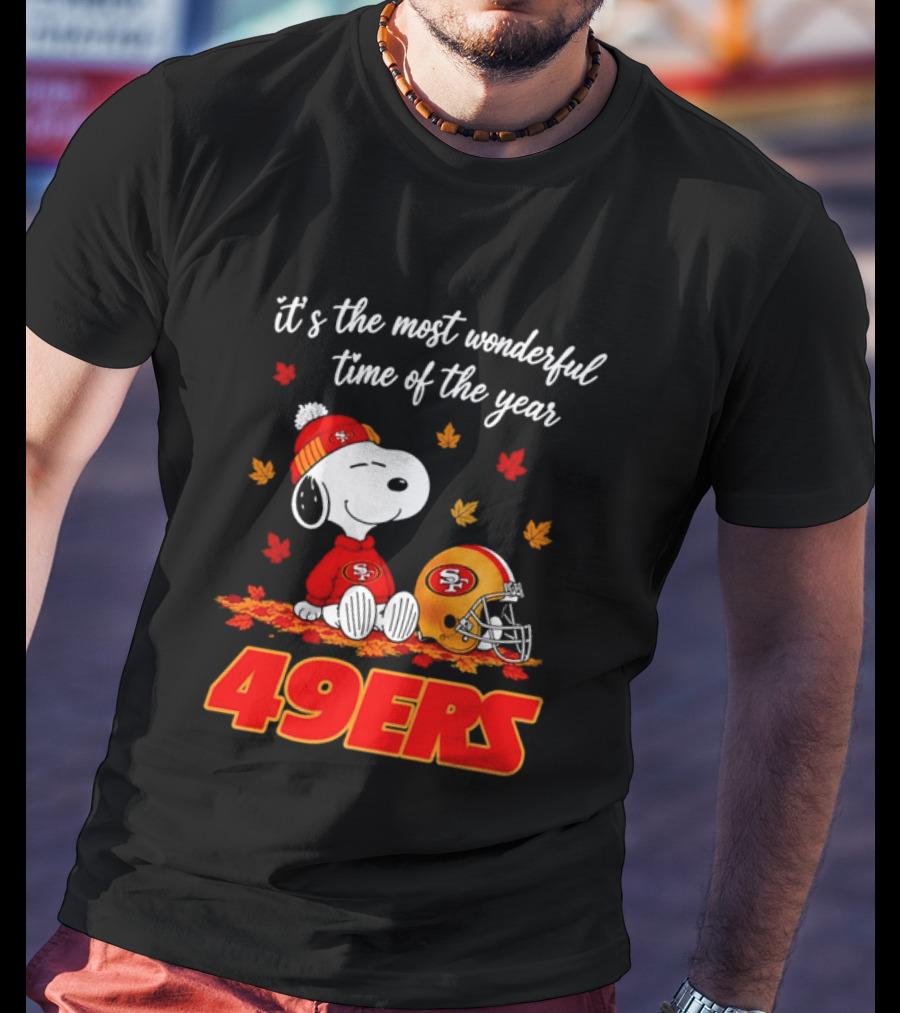 San Francisco 49ers Snoopy Beanie Autumn Leaves Most Wonderful Time T-Shirt