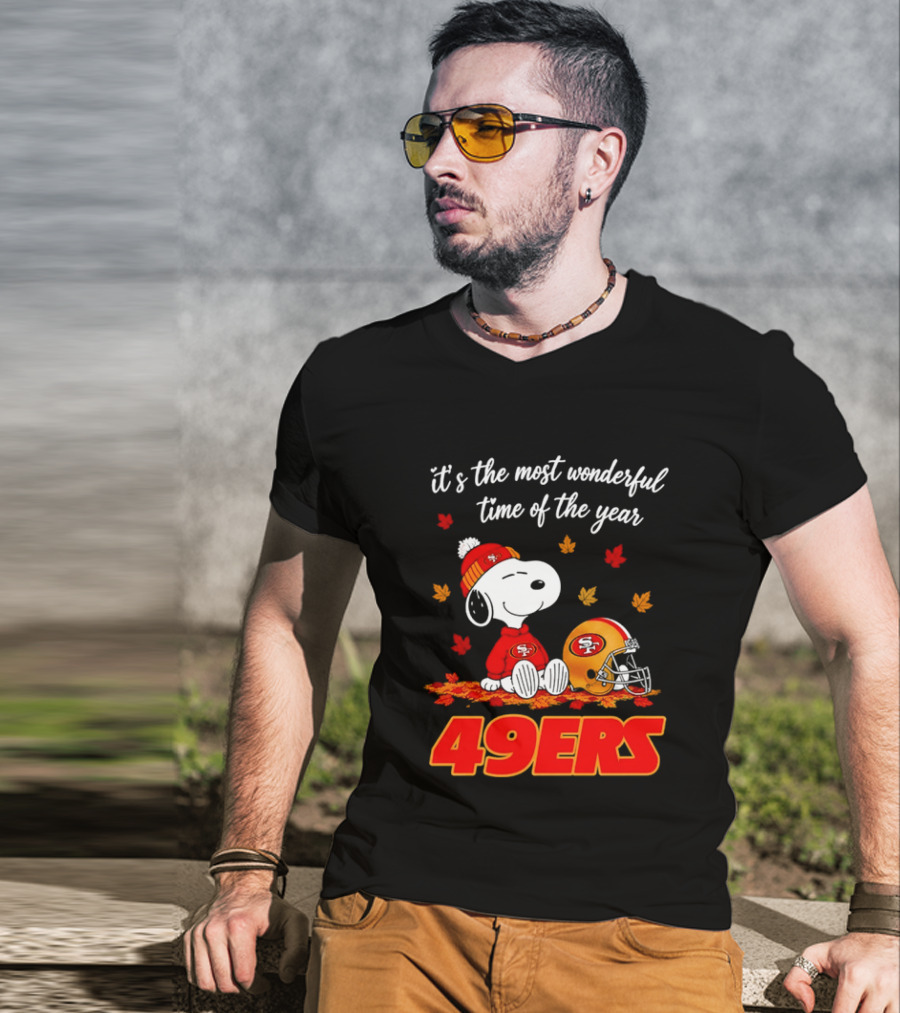 San Francisco 49ers Snoopy Beanie Autumn Leaves Most Wonderful Time T-Shirt