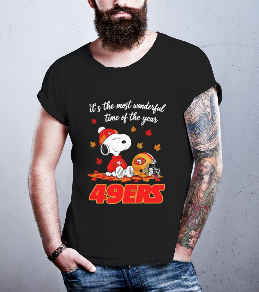 San Francisco 49ers Snoopy Beanie Autumn Leaves Most Wonderful Time T-Shirt