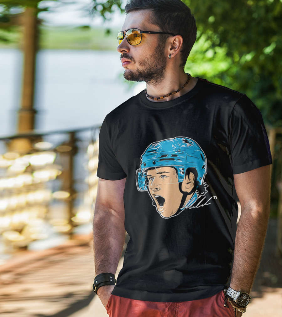 San Jose Sharks NHL 71 Yelling Hockey Player Helmet Caricature T-Shirt